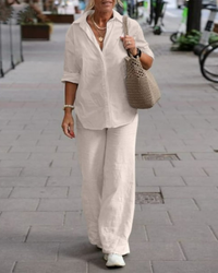 Damen Zomerset | Unifarben | Zweiteilig | Lange Ärmel | Bluse | Hose-Beige-S-Luzern Mode