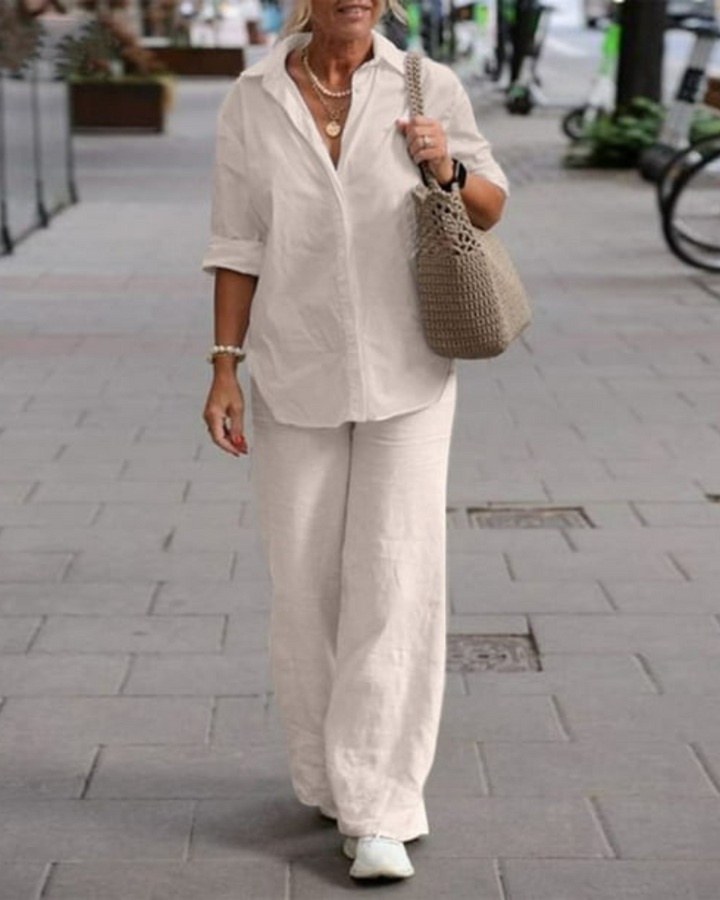 Damen Zomerset | Unifarben | Zweiteilig | Lange Ärmel | Bluse | Hose-Beige-S-Luzern Mode