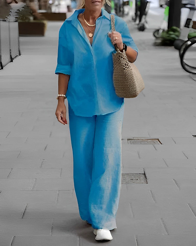 Damen Zomerset | Unifarben | Zweiteilig | Lange Ärmel | Bluse | Hose-Blau-S-Luzern Mode