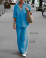 Damen Zomerset | Unifarben | Zweiteilig | Lange Ärmel | Bluse | Hose-Blau-S-Luzern Mode