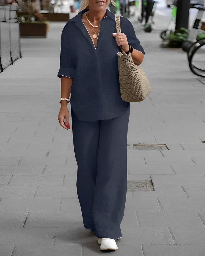 Damen Zomerset | Unifarben | Zweiteilig | Lange Ärmel | Bluse | Hose-Dunkelblau-S-Luzern Mode