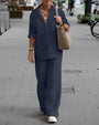 Damen Zomerset | Unifarben | Zweiteilig | Lange Ärmel | Bluse | Hose-Dunkelblau-S-Luzern Mode