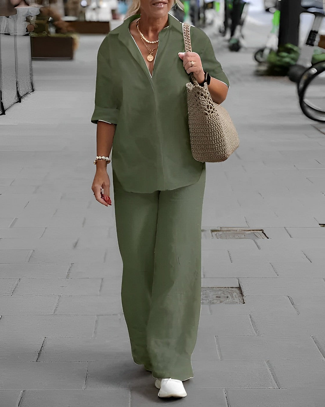 Damen Zomerset | Unifarben | Zweiteilig | Lange Ärmel | Bluse | Hose-Grau-S-Luzern Mode