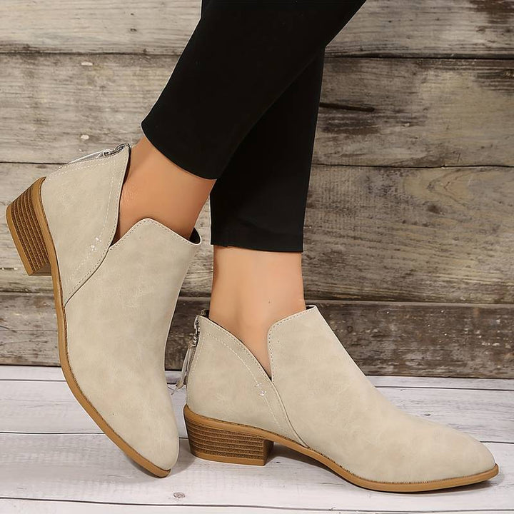Damen Stiefeletten mit Blockabsatz und Reißverschluss-Beige-36-Luzern Mode