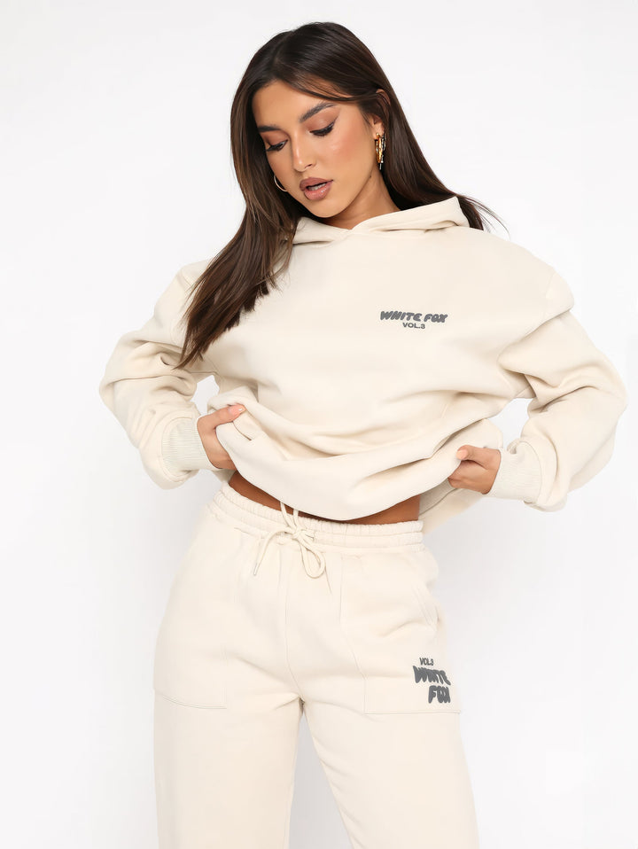 Damen Oversize Hoodie mit Aufdruck "White Fox" Rückseite-Beige-XS-Luzern Mode