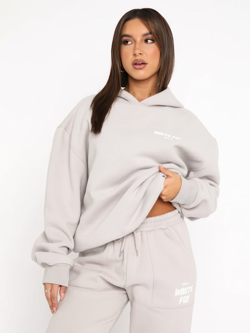 Damen Oversize Hoodie mit Aufdruck "White Fox" Rückseite-Hellgrau-XS-Luzern Mode