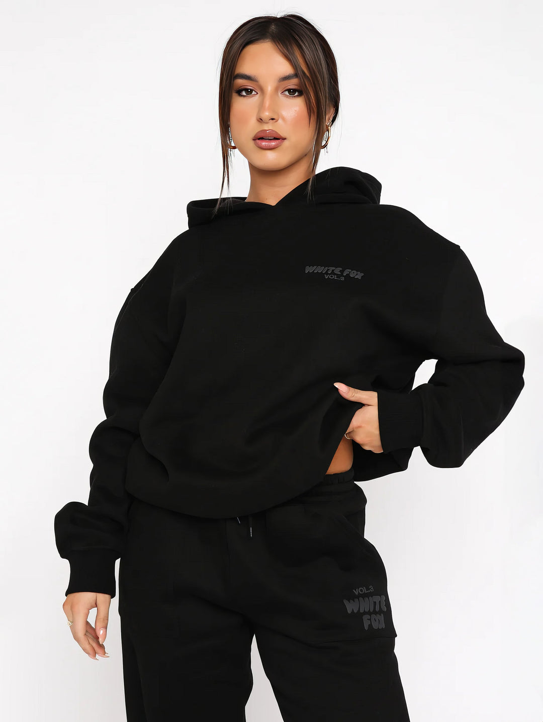 Damen Oversize Hoodie mit Aufdruck "White Fox" Rückseite-Schwarz-XS-Luzern Mode