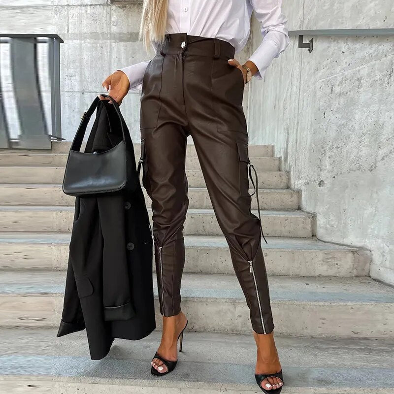 Damen Cargohose mit Taschen - Bequeme Freizeithose Trend-Braun-S-Luzern Mode