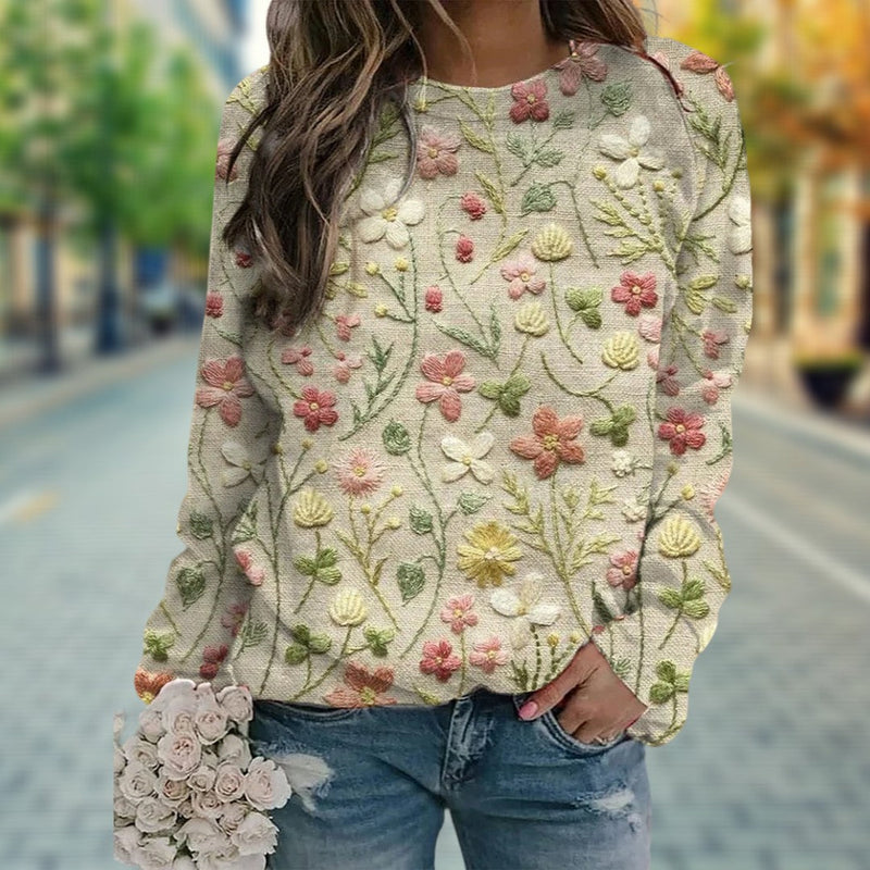 Damen Pullover mit Blumenstickerei - Modischer Strickpulli-Luzern Mode