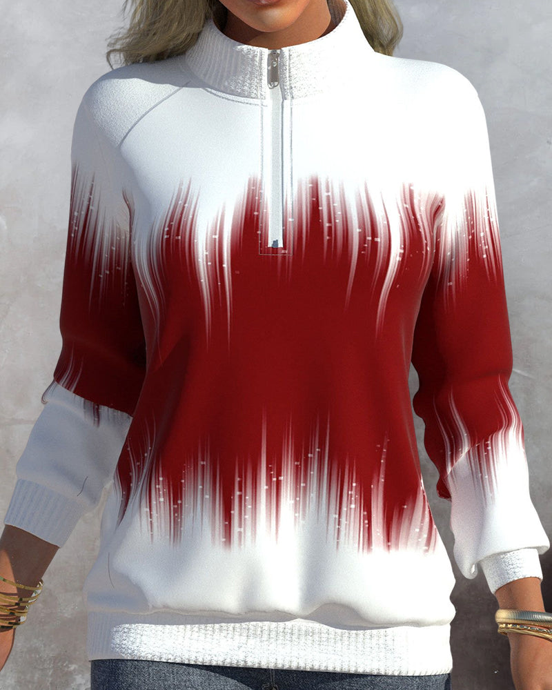 Damen Pullover mit Reißverschluss und modernem Print Design-Rot-S-Luzern Mode