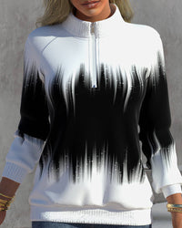 Damen Pullover mit Reißverschluss und modernem Print Design-Schwarz-S-Luzern Mode