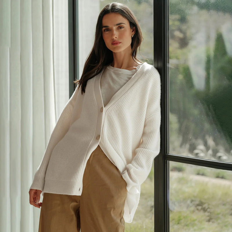 Damen Strickjacke Oversize mit Knöpfen für Herbst/Winter-Elfenbein-XS-Luzern Mode