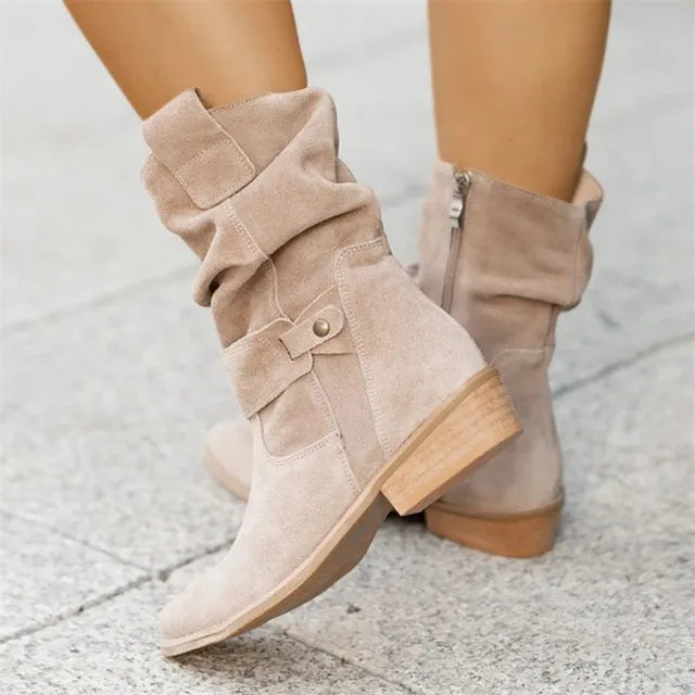 Damen Ankle Boots Wildlederoptik mit Schnallen-Detail-Beige-36-Luzern Mode