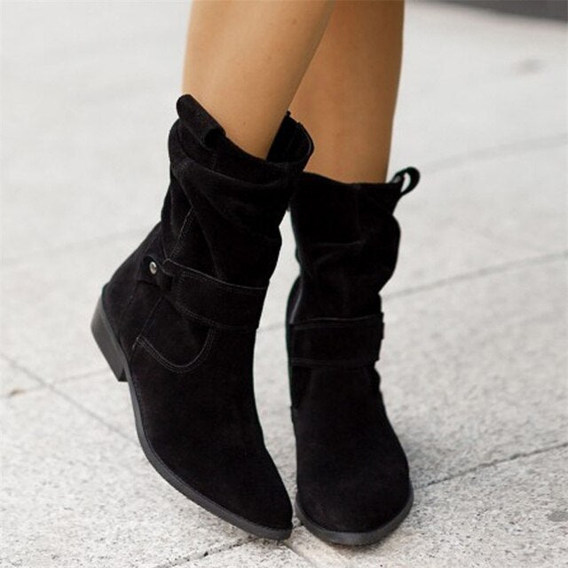 Damen Ankle Boots Wildlederoptik mit Schnallen-Detail-Zwart-36-Luzern Mode