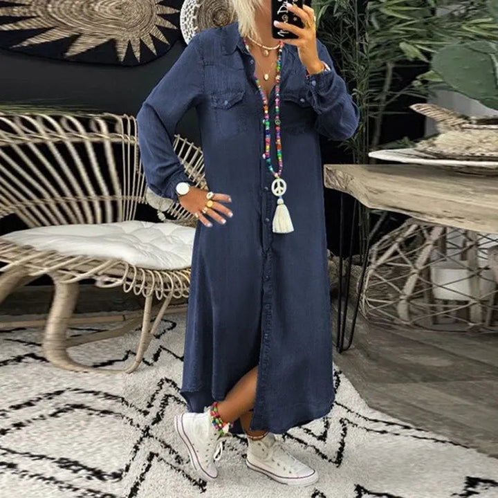 Denimkleid | Lang | Locker fallend | Taschen | Knopfleiste | V-Ausschnitt-Blau-S-Luzern Mode