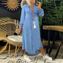 Denimkleid | Lang | Locker fallend | Taschen | Knopfleiste | V-Ausschnitt-Himmelblau-S-Luzern Mode