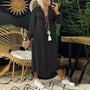 Denimkleid | Lang | Locker fallend | Taschen | Knopfleiste | V-Ausschnitt-Schwarz-S-Luzern Mode