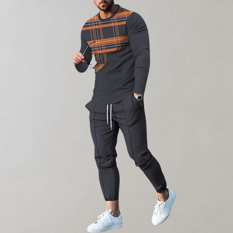 Herren Jogginganzug mit Karomuster Langarmshirt Set-Orange-S-Luzern Mode
