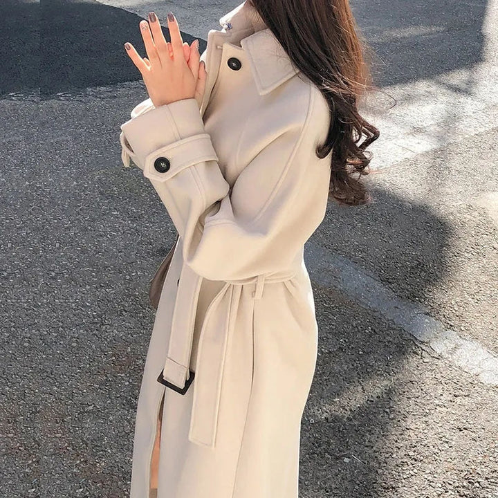 Eleganter Damen Wollmantel mit Gürtel für Herbst/Winter-Beige-S-Luzern Mode