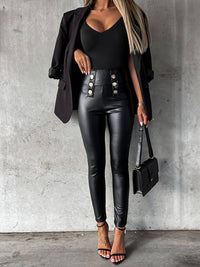 Damen Lederhose mit Hohem Bund und Knöpfen für Partys-S-Luzern Mode