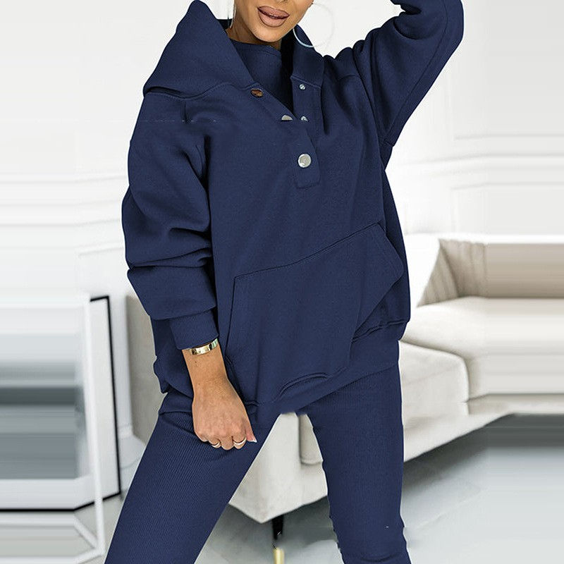 Damen Oversize Hoodie Sweatshirt mit Kapuze und Knöpfen-Blau-S-Luzern Mode