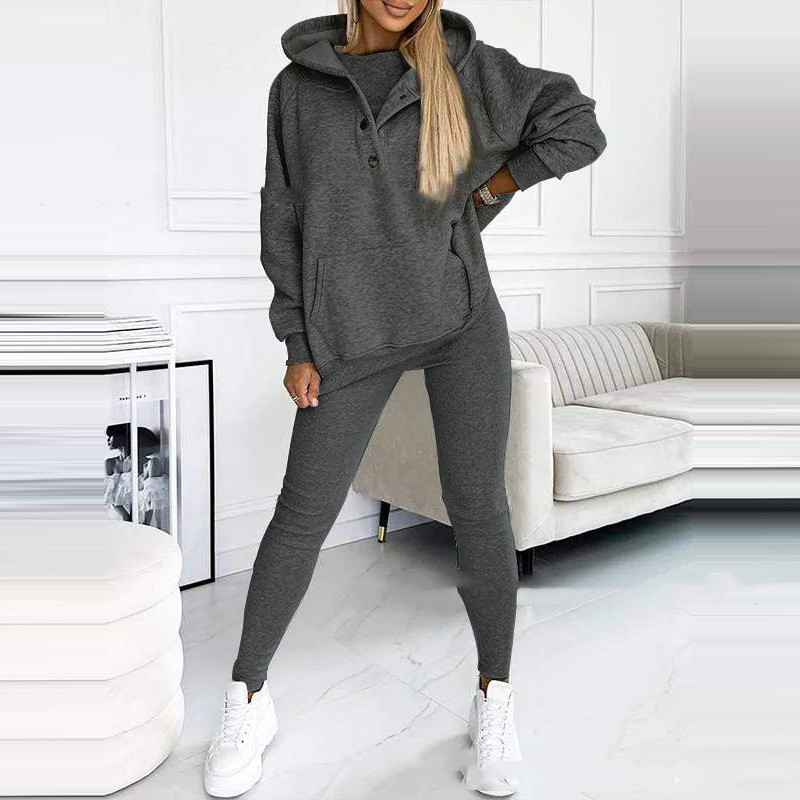 Damen Oversize Hoodie Sweatshirt mit Kapuze und Knöpfen-Dunkelgrau-S-Luzern Mode
