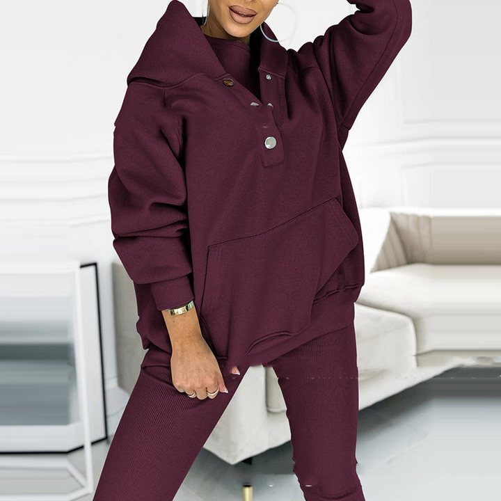 Damen Oversize Hoodie Sweatshirt mit Kapuze und Knöpfen-Lila-S-Luzern Mode