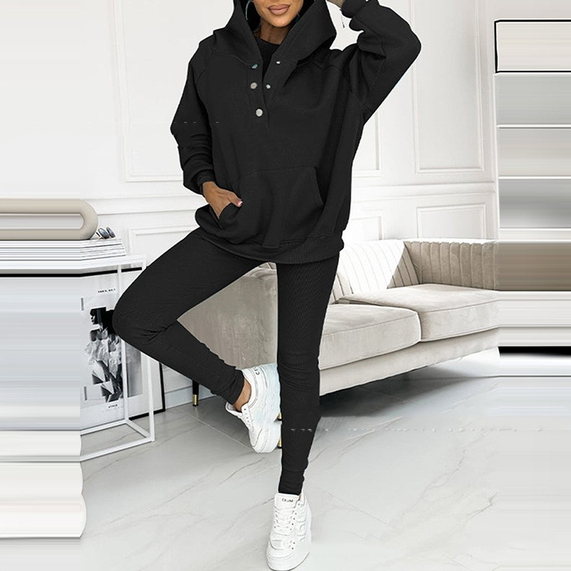 Damen Oversize Hoodie Sweatshirt mit Kapuze und Knöpfen-Schwarz-S-Luzern Mode
