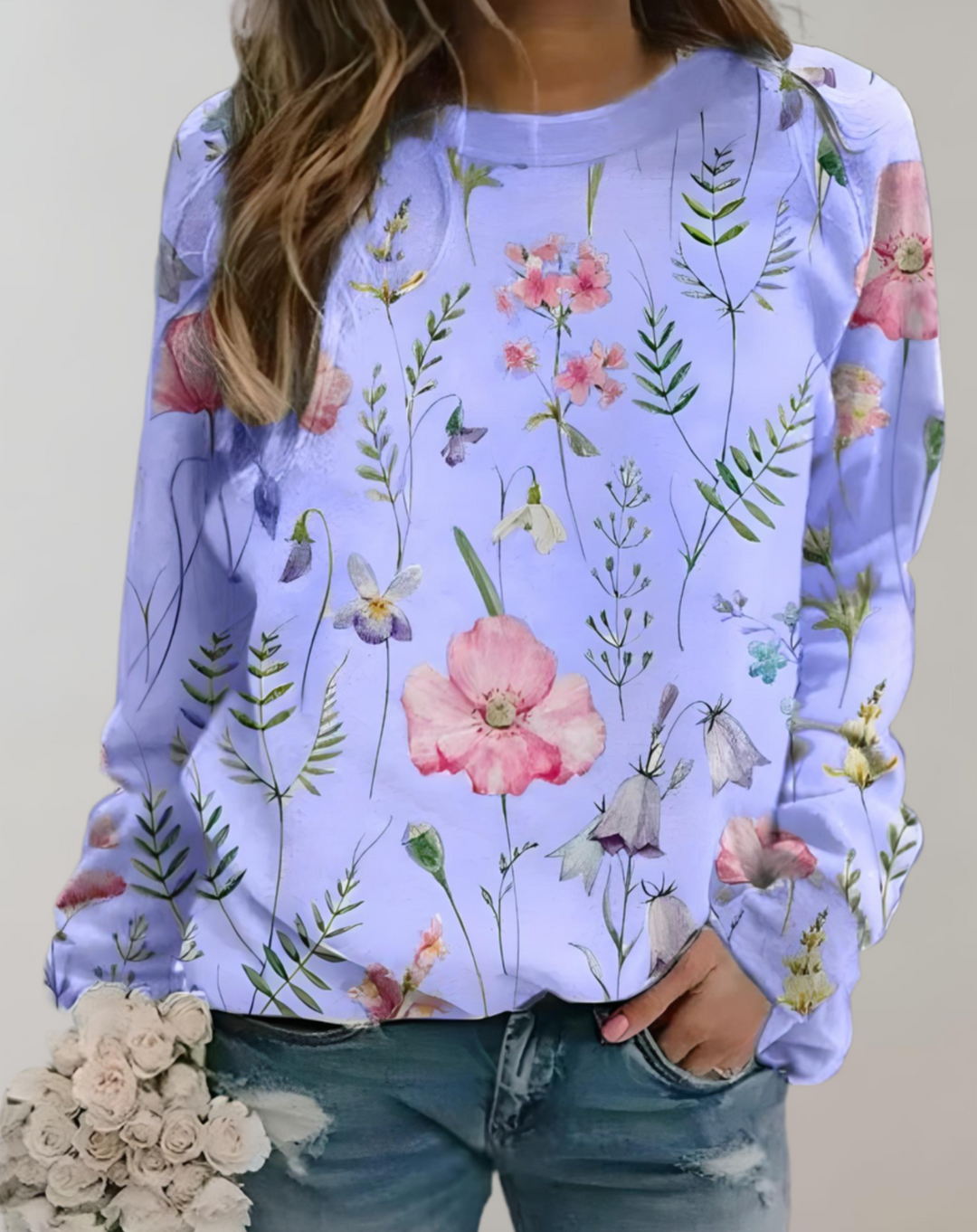 Damenpullover mit Blumenmuster - Bequemer Freizeitlook-S-Lila-Luzern Mode