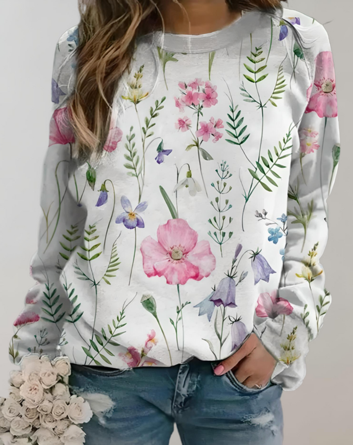 Damenpullover mit Blumenmuster - Bequemer Freizeitlook-S-Weiß-Luzern Mode