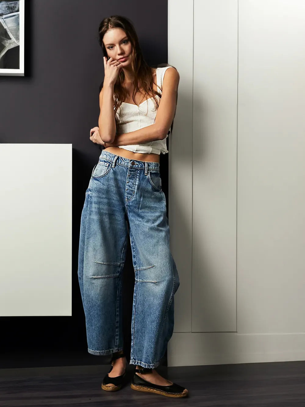 Damen Weite Jeans mit Hohem Bund und Modernem Schnitt-Blau-XS-Luzern Mode