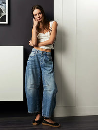 Damen Weite Jeans mit Hohem Bund und Modernem Schnitt-Blau-XS-Luzern Mode