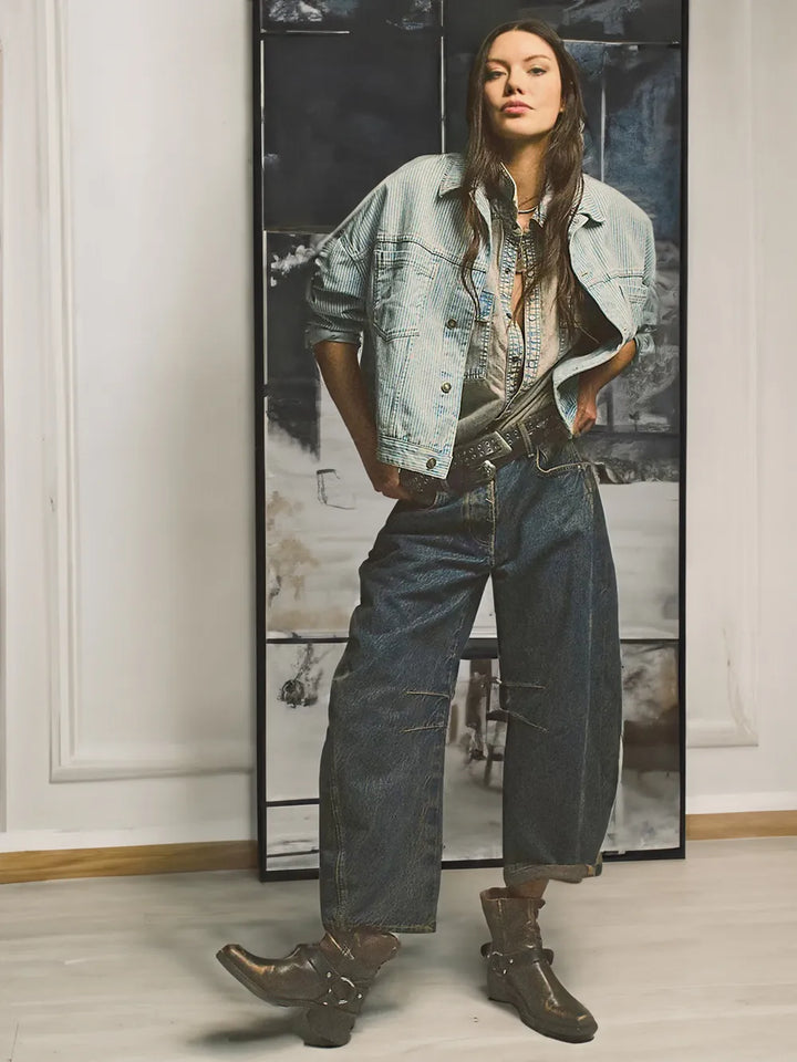 Damen Weite Jeans mit Hohem Bund und Modernem Schnitt-Dunkelblau-XS-Luzern Mode