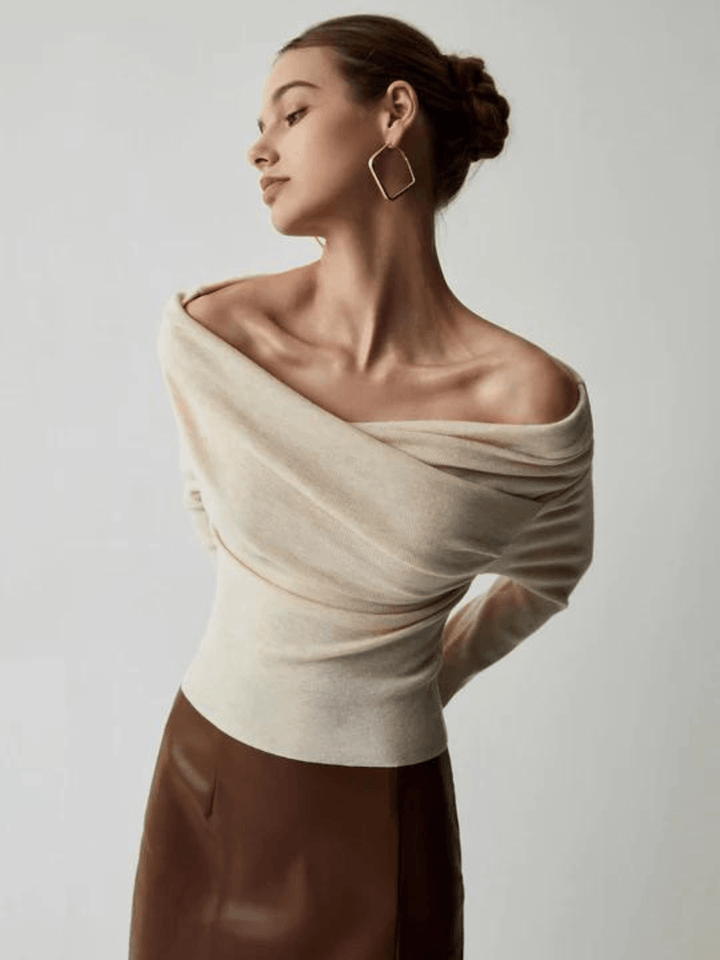 Damen Off-Shoulder Pullover Elegant Falten Design-S-Luzern Mode