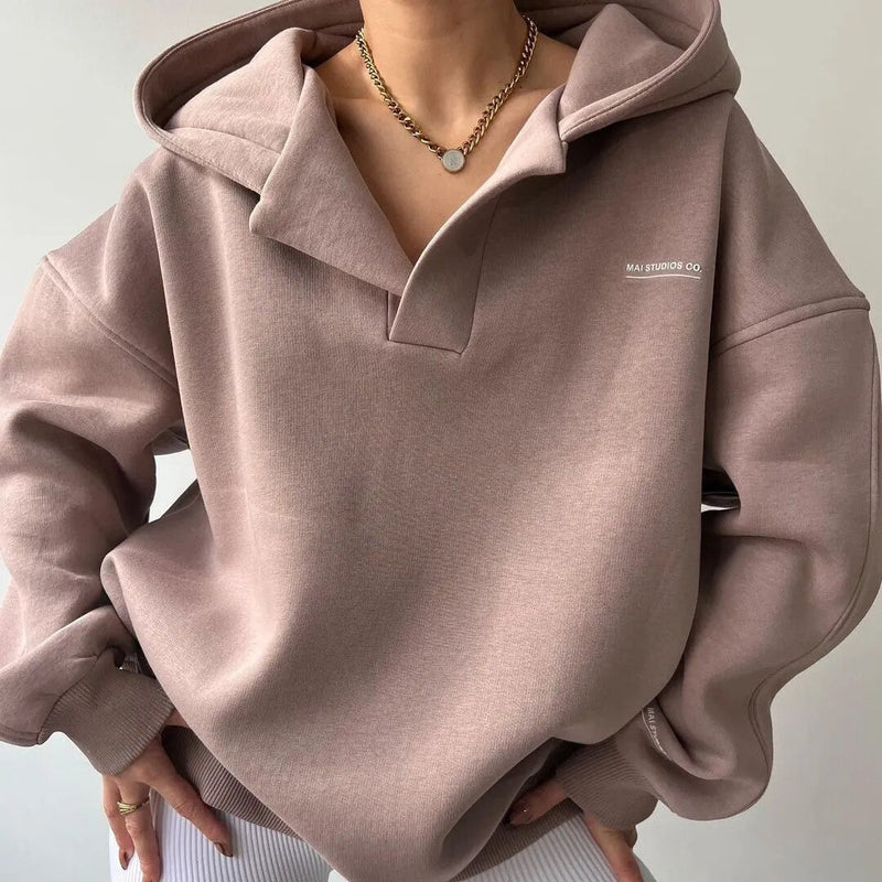 Damen Oversized Kapuzenpullover mit Ketten-Detail - Trendiger Hoodie für Frauen-Khaki-S-Luzern Mode