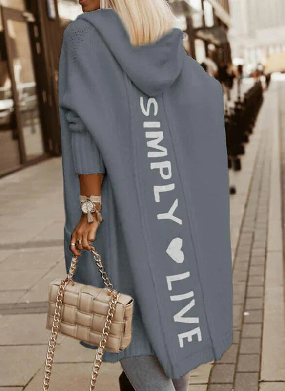 Oversized Damen Strickjacke mit Kapuze und Schriftzug auf der Rückseite-Dunkelgrau-S-Luzern Mode