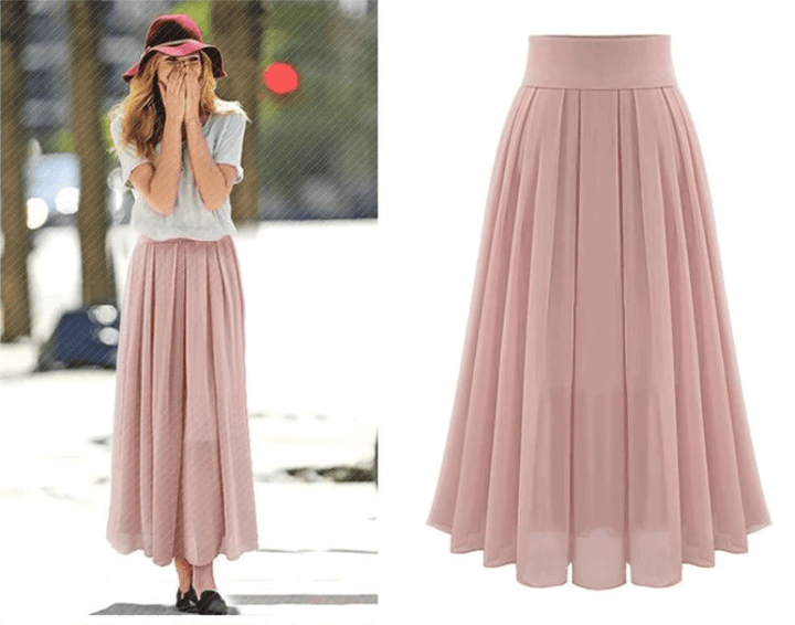 Plissiert | Maxilänge | hohe Taille | elastischer Bund | zweilagig | Chiffon | A-Linie-Luzern Mode