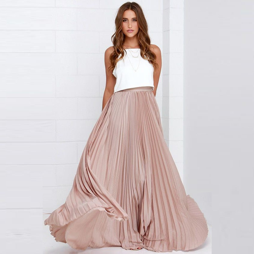 Plissiert | Maxilänge | hohe Taille | elastischer Bund | zweilagig | Chiffon | A-Linie-S-Luzern Mode