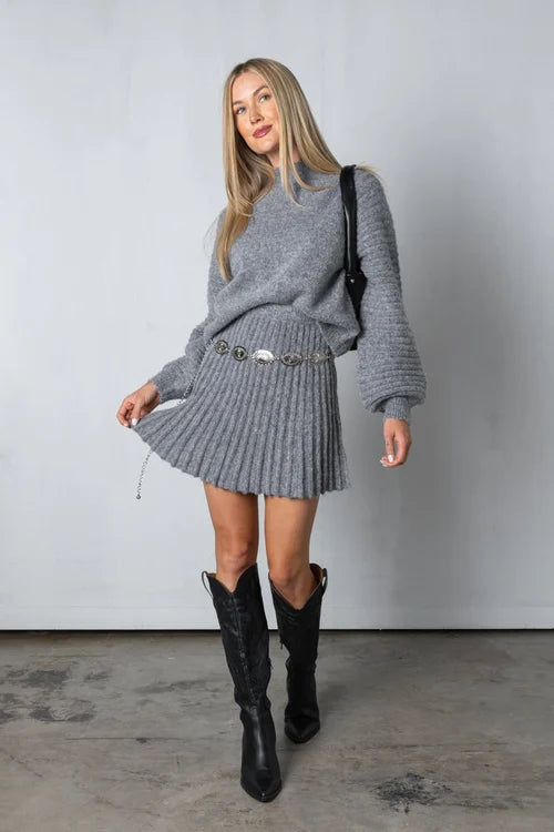 Damen Strickpullover und Rock Set - Elegante Herbstmode-Grau-XS-Luzern Mode