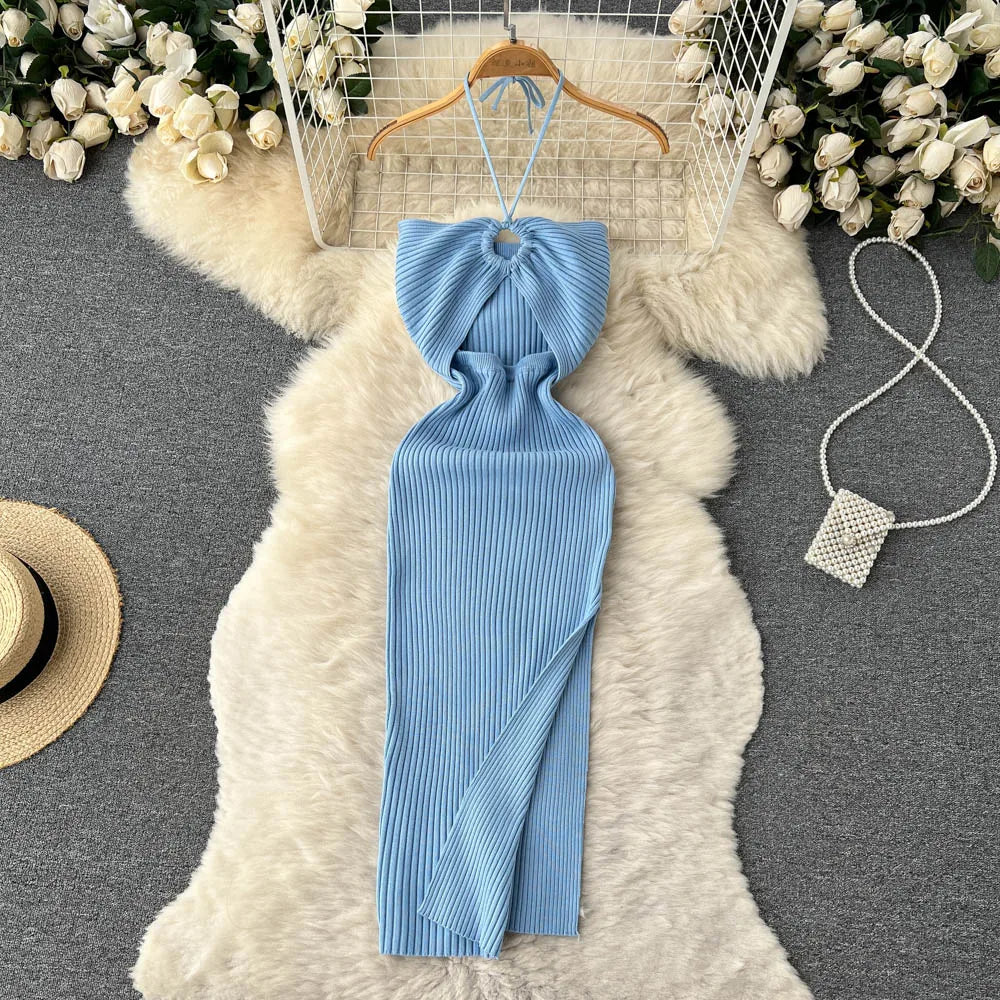 Maxikleid Damen | rückenfrei | Seitenschlitz | figurbetont | Strick | Einheitsgröße-Blau-Luzern Mode