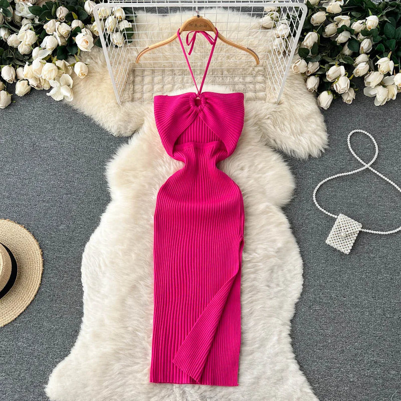 Maxikleid Damen | rückenfrei | Seitenschlitz | figurbetont | Strick | Einheitsgröße-Luzern Mode