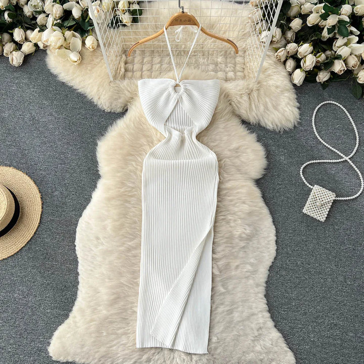 Maxikleid Damen | rückenfrei | Seitenschlitz | figurbetont | Strick | Einheitsgröße-Luzern Mode