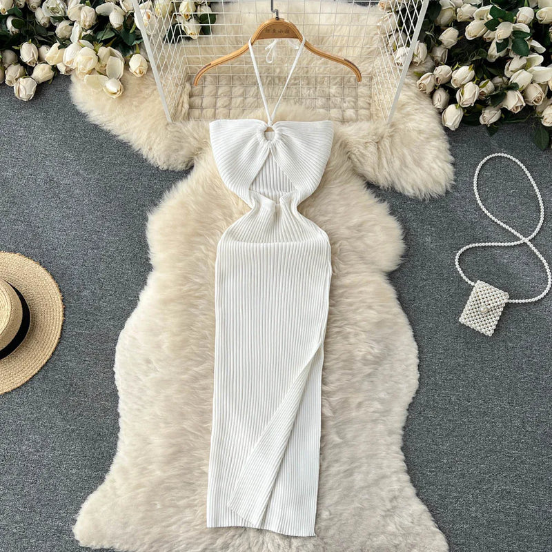 Maxikleid Damen | rückenfrei | Seitenschlitz | figurbetont | Strick | Einheitsgröße-Luzern Mode