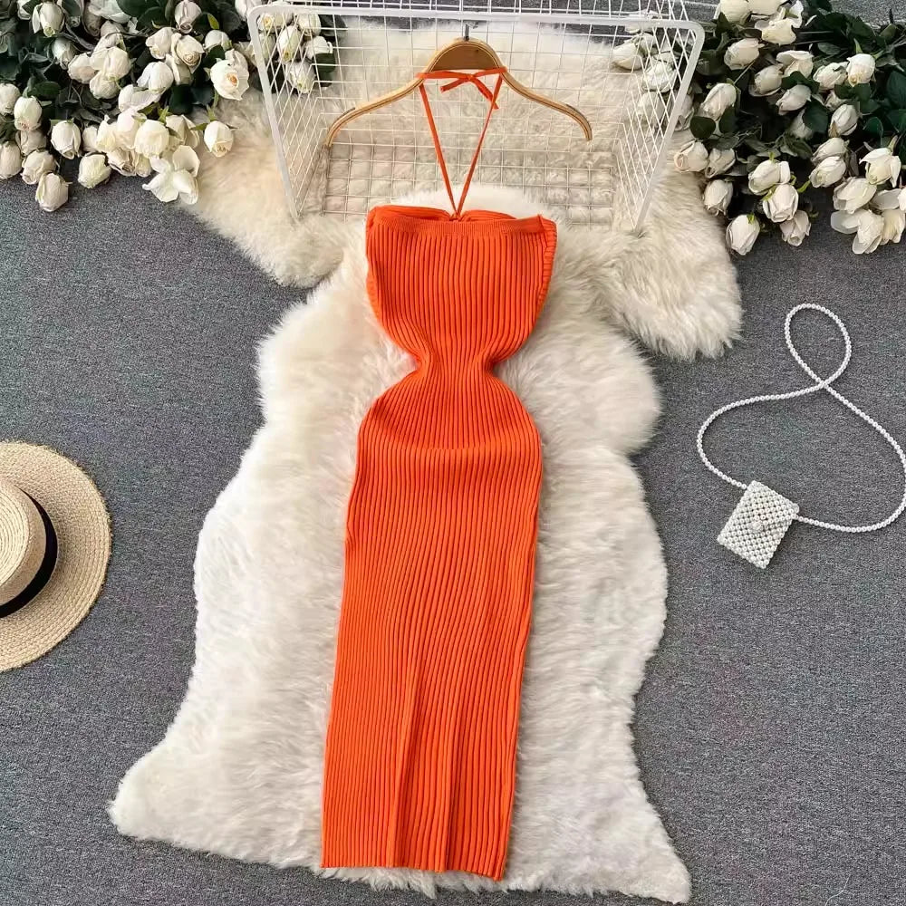 Maxikleid Damen | rückenfrei | Seitenschlitz | figurbetont | Strick | Einheitsgröße-Luzern Mode