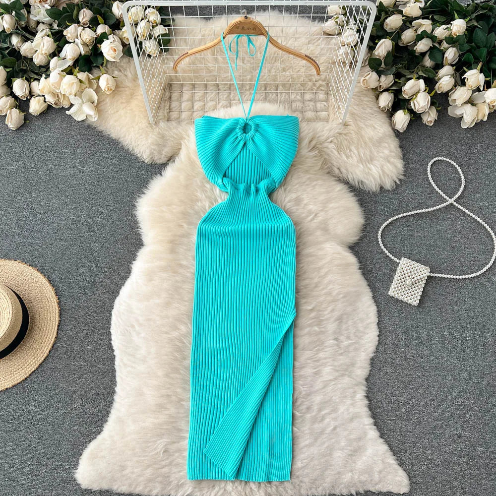 Maxikleid Damen | rückenfrei | Seitenschlitz | figurbetont | Strick | Einheitsgröße-Hellblau-Luzern Mode