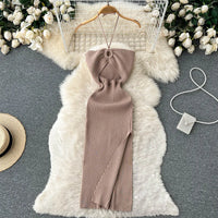 Maxikleid Damen | rückenfrei | Seitenschlitz | figurbetont | Strick | Einheitsgröße-Khaki-Luzern Mode