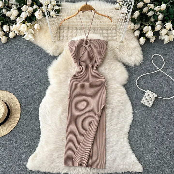 Maxikleid Damen | rückenfrei | Seitenschlitz | figurbetont | Strick | Einheitsgröße-Khaki-Luzern Mode