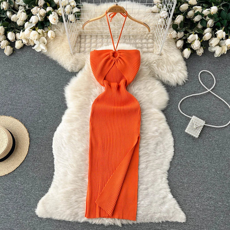 Maxikleid Damen | rückenfrei | Seitenschlitz | figurbetont | Strick | Einheitsgröße-Orange-Luzern Mode