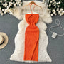 Maxikleid Damen | rückenfrei | Seitenschlitz | figurbetont | Strick | Einheitsgröße-Orange-Luzern Mode