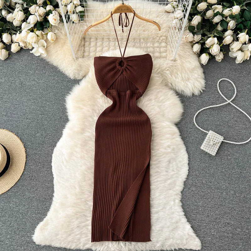 Maxikleid Damen | rückenfrei | Seitenschlitz | figurbetont | Strick | Einheitsgröße-Schokobraun-Luzern Mode